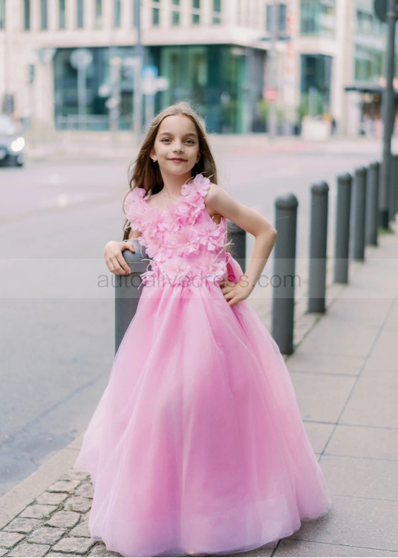 Pink Tulle 3D Flower Appliques Floor Length Flower Girl Dress